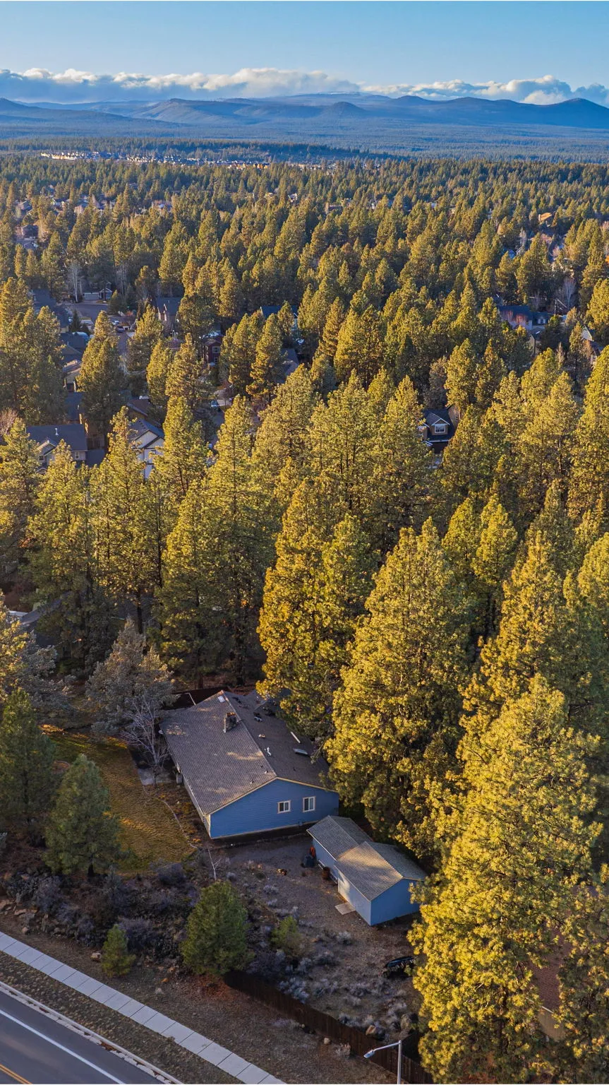 Aerial view of the finished roof within its pine-filled Bend neighborhood