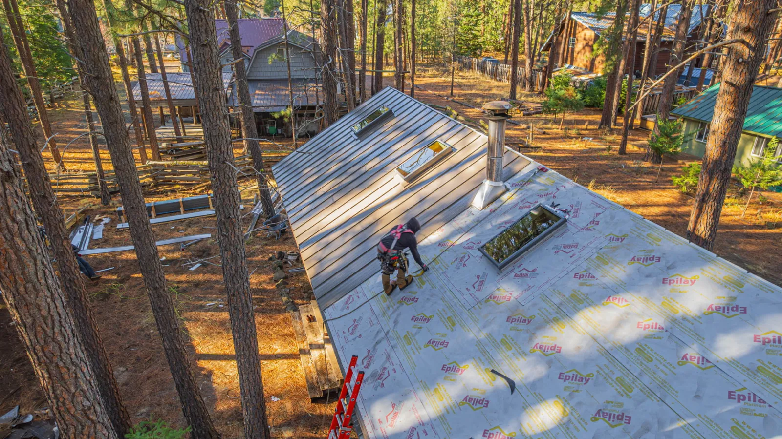 Aerial view of the dried-in roof before metal panels are set