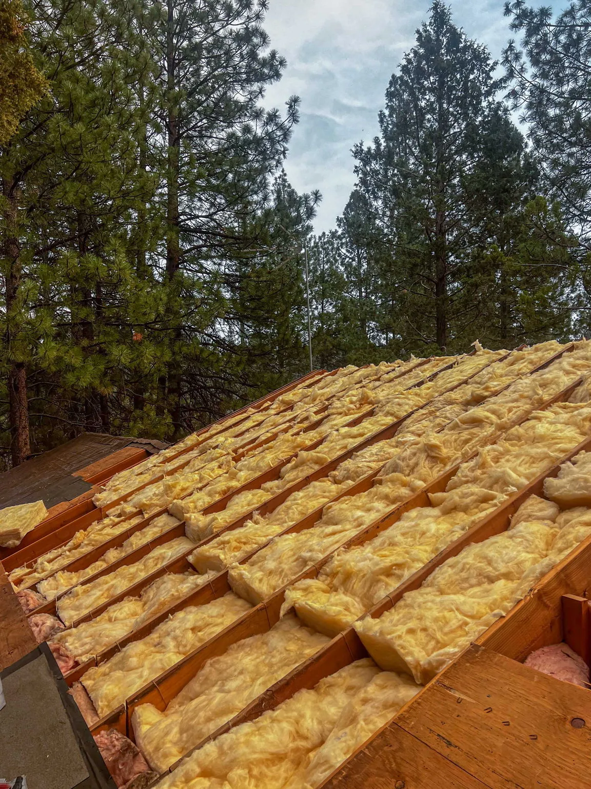 New insulation installed between the rafters across the roof