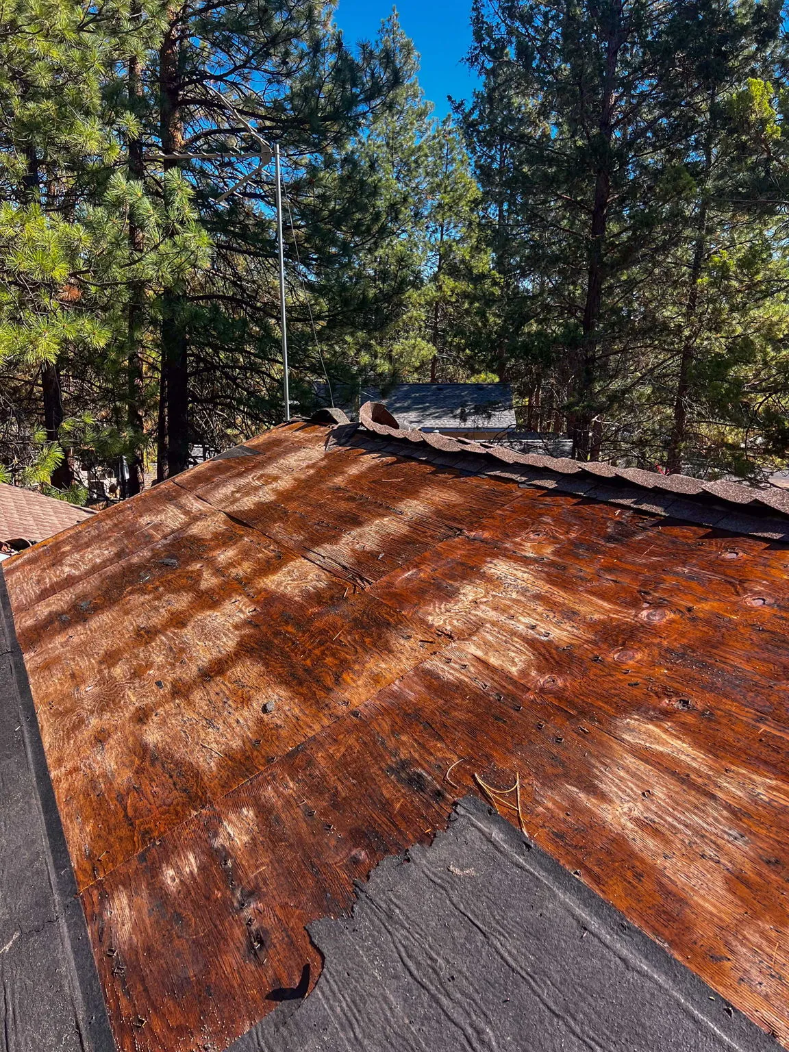Roof stripped to bare wood decking during tear-off