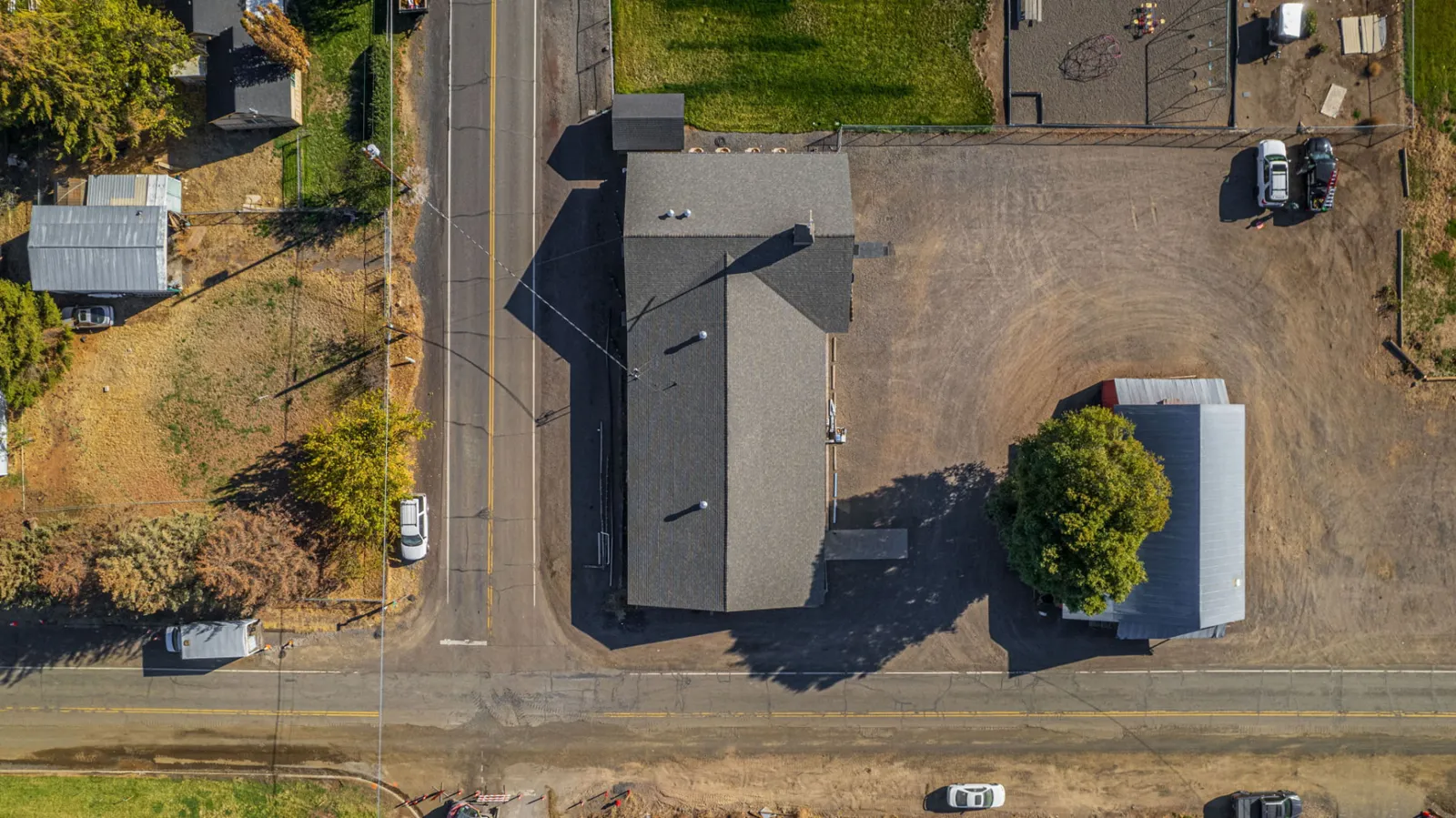 Overhead aerial of the church campus and its roof planes