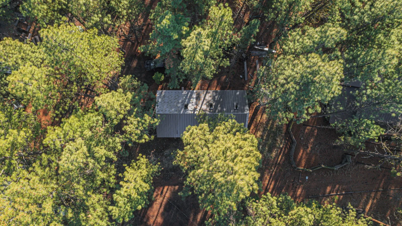 Aerial view of the completed metal roof among the pines