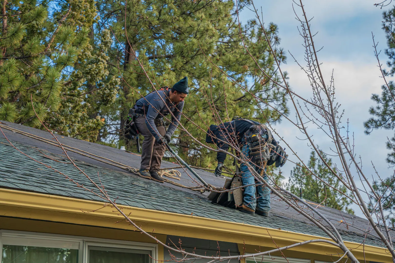 Crew members removing old shingles along the roof ridge