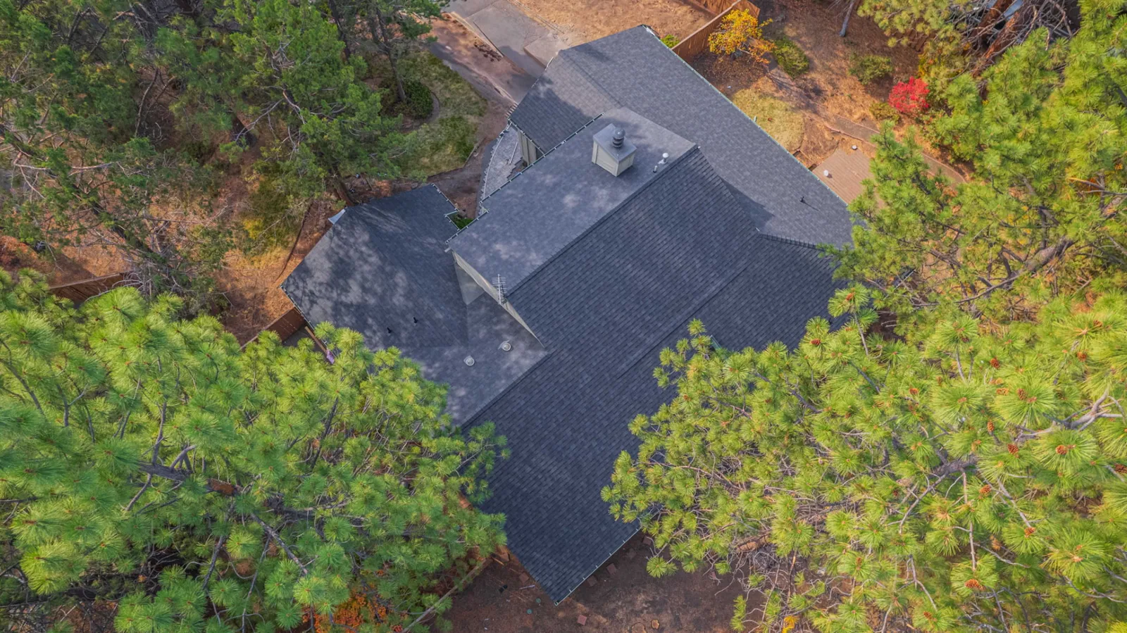Aerial of the finished roof surrounded by pines on the wooded lot