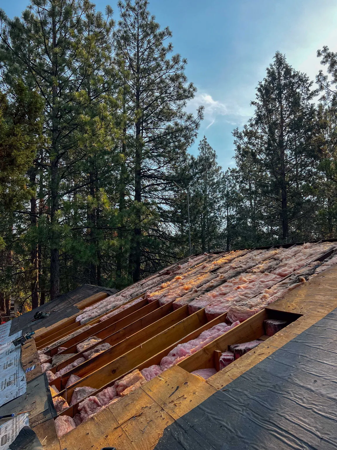 Open rafter bays with old insulation exposed after the deck was removed